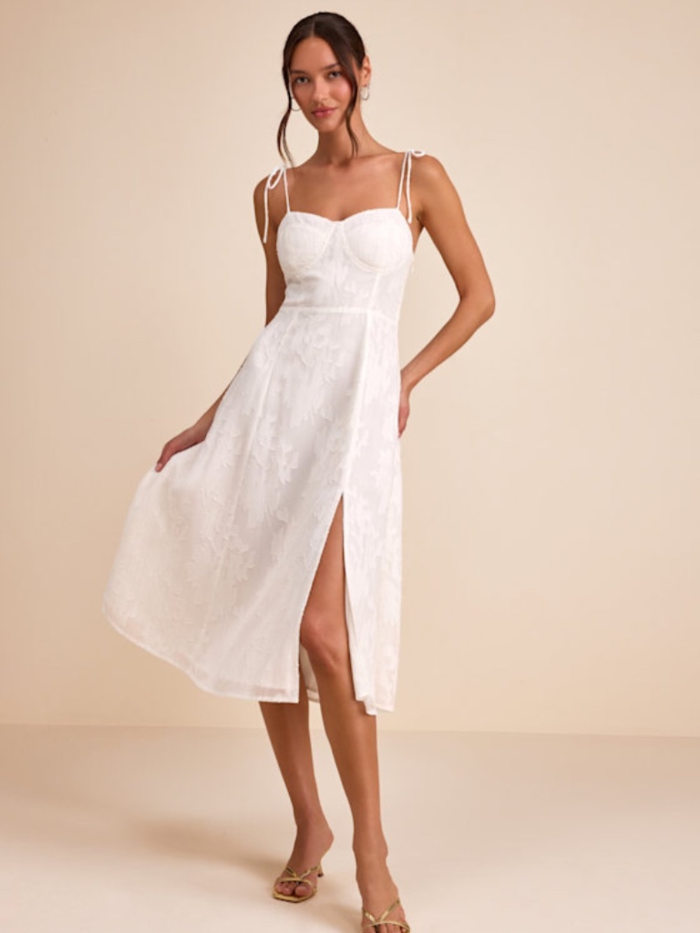 Lulus Loveliest Looks White Floral Jacquard Tie-strap Midi Dress - Size XS